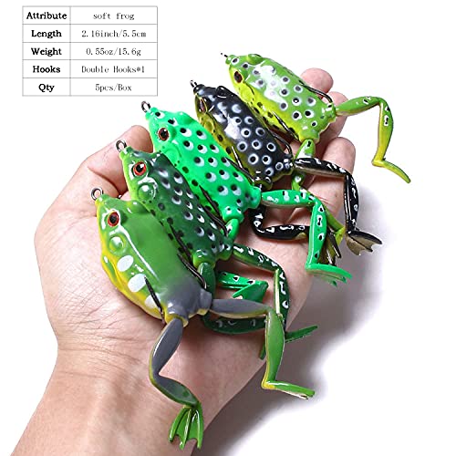 Frog Lure, Topwater Fishing Lures, Frog Lures for Bass Fishing, Top Water Frog Soft Swimbaits with Weedless Fishing Lures for Bass Trout Pike Snakehead,5pcs with Box
