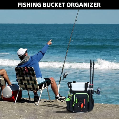 AUMTISC 5 Gallon Bucket Fishing Organizer, Waterproof Ice Fishing Bucket Tool Bag with Rod and Tackle Boxes Holder, Multi-Pocket Tool Caddy Bags for Fishing Gear and Equipment