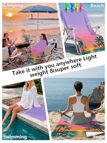 Tropical Summer Beach Towel with Clips Set - Coastal Seaside Sunset Wildflower Palm Tree Large Sand Free Towel 30x60 Inch for Beach Camping Swim Pool Gym Sports & Yoga - color: Btowels05