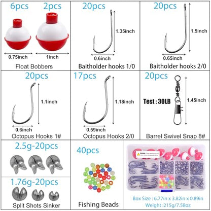 185pcs Fishing Hook Bobbers Tackle Kit,Include Fishing Floats Bobbers,Circle Hooks,Round Split Shot Weights,Octopus Baitholder Hooks Starter Terminal for Trout Catfish Panfish