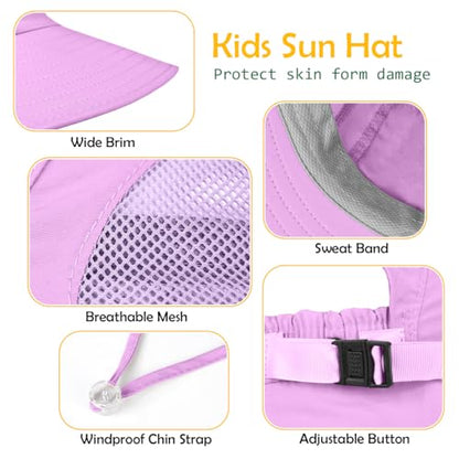 Kids Sun Hat UPF50+ Summer Beach Play Sun Protection Hats with Neck Flap for Ages 5~14 Girls Boys - color: Purple