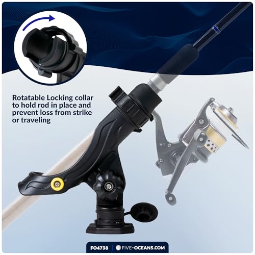Five Oceans Fishing Rod Holder for Boat with Deck Mount Base, Black, High-Impact Nylon for Boats & Kayaks, Multiple Sizes - style: Large Rod Holder + Spring-loaded Lock Cap Base