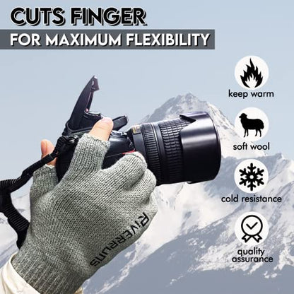 Riverruns Wool Fishing Gloves - Winter Fingerless Knitted Gloves for Men and Women 3-Cut Fingers Warm Gloves for Cold Weather, Fly Fishing, Ice Fishing, Kayaking - color: Gray