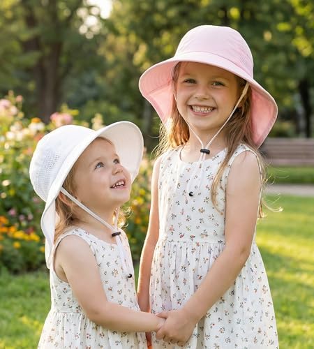 Toddler Baby Sun Hat Kids Summer Beach Essentials Adjustable Beach Hats with Bucket Wide Brim for Boys Girls Age 0-14 Years - color: 2 Pack - Pink+white, size: 6-24 Months