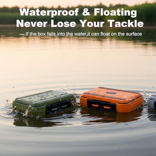 Small Tackle Box Organizer 3 Pack, Waterproof Double-Sided Fishing Lure Box | Mini Portable Floating Fishing Storage Container with Removable Dividers, Terminal Plastic Tackle Box (Green, Orange, Gray)