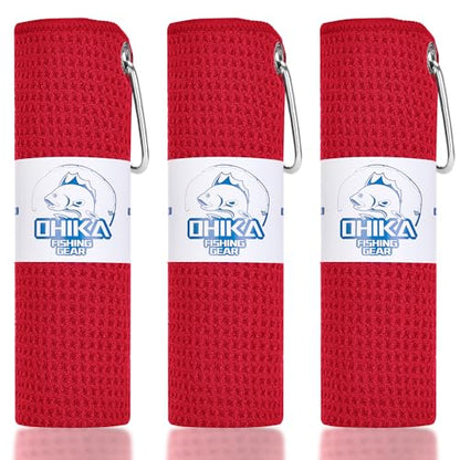 Microfiber Fishing Towels with Clip, Waffle Pattern for Effective Cleaning of Fishing Gears or Dirty Hands, 16” x 16”, Camping Towels, Hiking Towels, Pack of 3 (Red) - color: Red