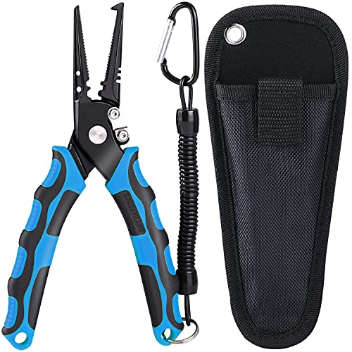Sougayilang Fishing Pliers,Sheath and Lanyard Tungsten Carbide Cutters,420 Stainless Steel Fishing Tools,Saltwater Resistant Fishing Gear with Rubber Handle-7.5'' Split Ring Nose - Blue - color: 7.5'' Split Ring Nose-blue