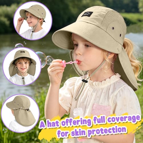Kids Sun Hat with Detachable Neck Flap for Boys & Girls Wide Brim Fishing Hat for Kids Water Resistant UV Protection - color: 1 Pack-khaki