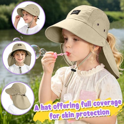 Kids Sun Hat with Detachable Neck Flap for Boys & Girls Wide Brim Fishing Hat for Kids Water Resistant UV Protection - color: 1 Pack-khaki