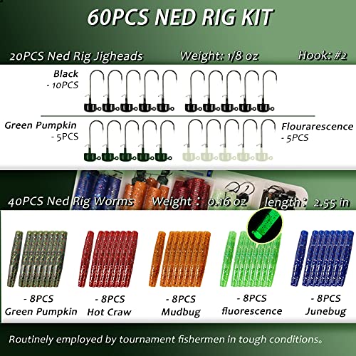 Ned Rig Jig Heads TRD Stick Worms Kit, 60, 35 Pack Ned Rig Lures Mushroom Jigs Finesse Soft Plastic Baits for Bass Fishing Freshwater Saltwater - color: 60 Pcs Ned Rig Lures