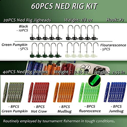 Ned Rig Jig Heads TRD Stick Worms Kit, 60, 35 Pack Ned Rig Lures Mushroom Jigs Finesse Soft Plastic Baits for Bass Fishing Freshwater Saltwater - color: 60 Pcs Ned Rig Lures