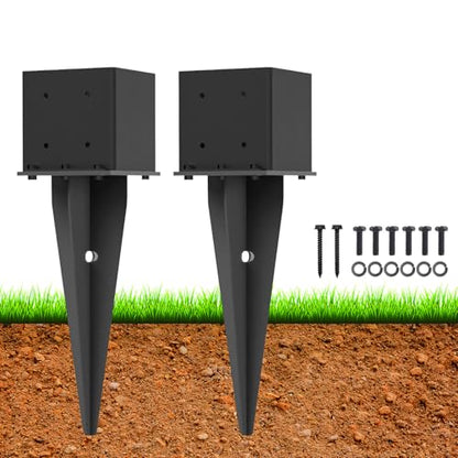 2 Pcs 22-inch 6"x 6" Fence Post Anchor Ground Spike(Internal 5.6"x5.6") | Metal Post Stake Ground With Black Powder-Coated|Fence Stakes Post Base For Deck|Fence|Porch|Railing|Mailbox - size: 2, style: 6"x 6"