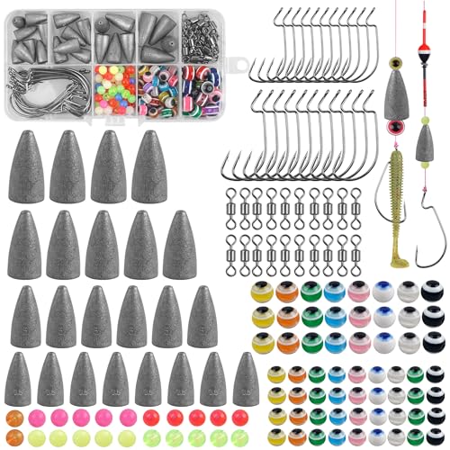 Carolina and Texas Rig Kit for Bass Fishing Worm Weights Bullet Sinkers Hooks Beads Rolling Swivels Fishing Accessories Tackle Box Kit 163pcs