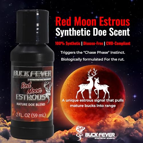 Buck Fever Red Moon Estrous – Synthetically Formulated Deer Liquid Attractant – Non-Spoiling, Sweet Synthetic Buck Attractant Scent – Moisture Reactivated Mature Rutting Buck Scent - size: 2oz (12-pack)