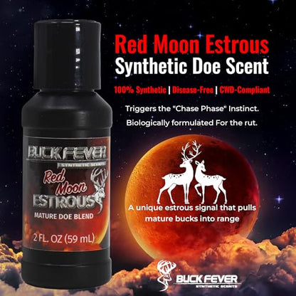Buck Fever Red Moon Estrous – Synthetically Formulated Deer Liquid Attractant – Non-Spoiling, Sweet Synthetic Buck Attractant Scent – Moisture Reactivated Mature Rutting Buck Scent - size: 2oz (12-pack)