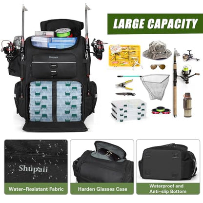 Fishing Backpack with Rod Holder | Large, Water Resistant, Tackle Storage Bag, Fishing Gear, Gifts for Men - color: Black