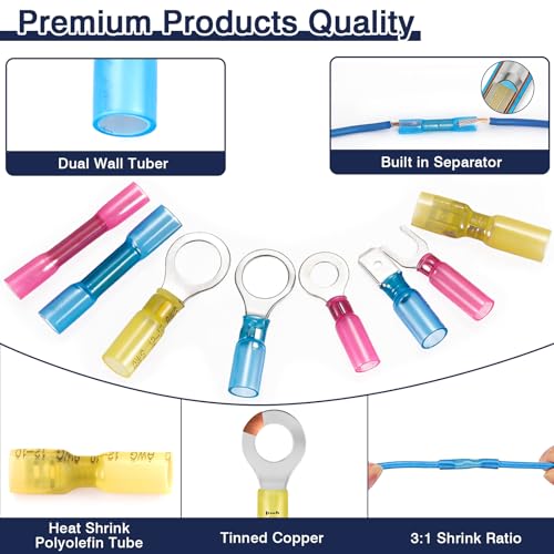 ZQZ Marine Grade Heat Shrink Wire Connectors Kit,128PCS Automotive Crimp Terminals Assortment with Rings Forks Female Male Butt Splices, Waterproof Wiring Connectors Kit - size: Heat Shrink 128PCS