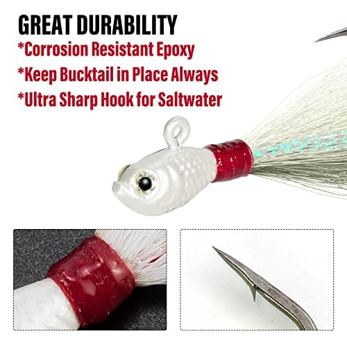 Dr.Fish 3 Pack Bucktail Jig Lure Hair Jig Saltwater Freshwater Lures Surf Fishing Bass Flounder Striper Bluefish Halibut Redfish - color: White (Pack of 3), size: 6 oz