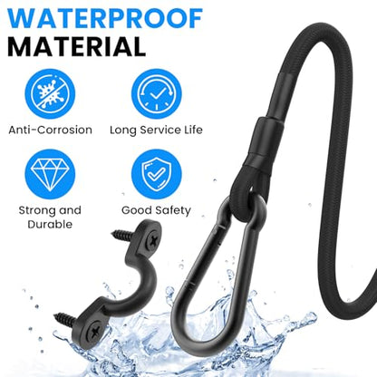 SDTC Tech 3 Sets Fishing Rod Straps Holder for Boat Deck with Tie Down Pad Eyes, 12 Inch Bungee Cord with Carabiner Hook Based Tie Down Holder Straps for Boat, Kayak, Truck Bed