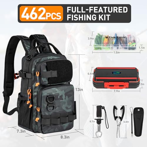 THKFISH Fishing Tool Kit, Backpack and Tackle Box with Tackle Included Lures Hooks Sinkers Accessories Kit,Pliers, Fish Lip Gripper, Fishing Gear and Fishing Gift for Men - color: Camo-462pcs