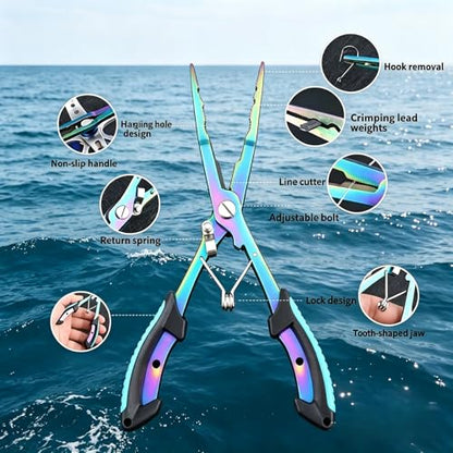 8.27" Fishing Pliers Saltwater, Multi-Function Hook Remover Tongs with Lanyard & Bag, Stainless Steel Fish Gripper for Tackle Box Accessories - color: Colorful