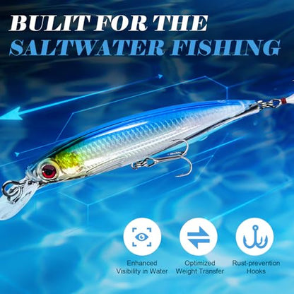 Floating Minnow Fishing Lures with Feathered Treble Hooks, 3D Lifelike Eyes & Holographic Finish, Topwater Hard Baits for Bass, Redfish, Freshwater & Inshore Saltwater Fishing, 3 Pack (A) - color: B-3.6inch/0.24oz/3pcs