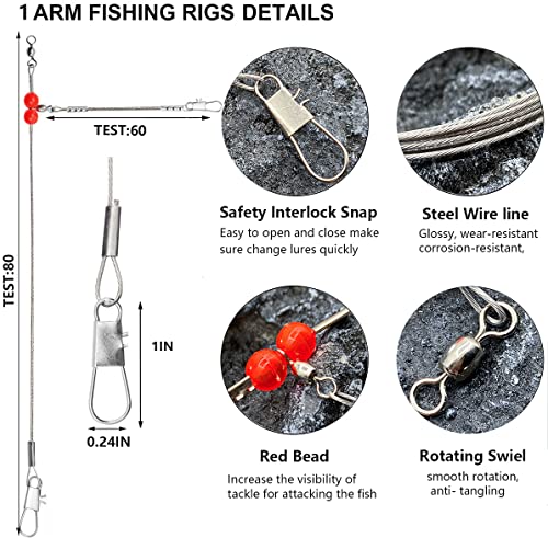 YOTO Fishing Leaders,Stainless Steel Tackle Rig with Tackle Lure Swivels Snaps, Saltwater rig Wire Leader Fishing Leader Wire Bottom rigs for Saltwater - color: White Fishing Leaders, style: 1arm-24pcs