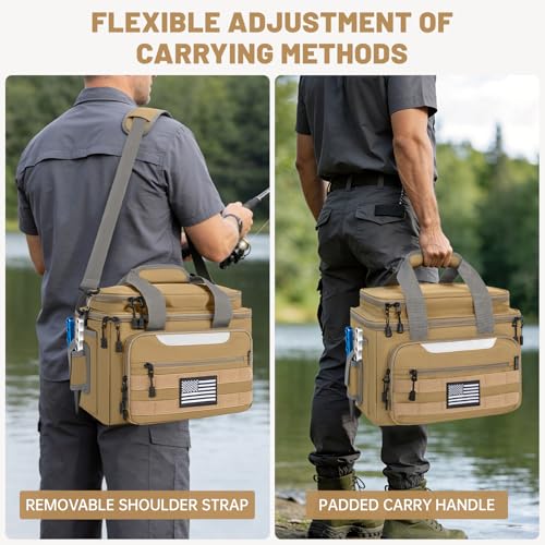 Fishing Bag with 4 * 3600 Tackle Boxes - Saltwater & Freshwater Compatible, Water Resistant & Durable Fishing Bags with Padded Shoulder Strap - Pliers and Gear Storage (Khaki) - color: Khaki, style: With 4 Tackle Boxes