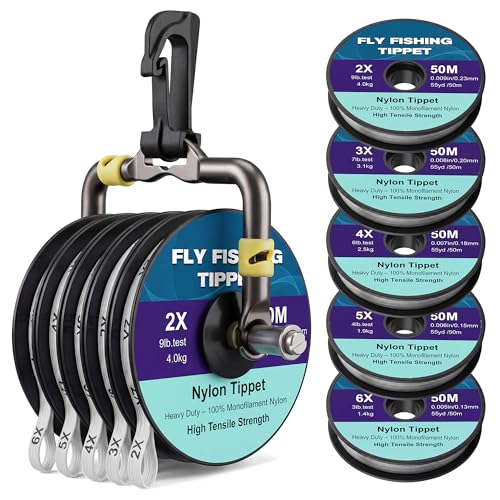 Meonum Fly Fishing Tippet Holder Kit with 5 Tippet Spools 2X-6X, 50m/55Yds Portable Leader Organizer System with Integrated Line Cutter and Line Retainers for Beginners & Trout Fishing