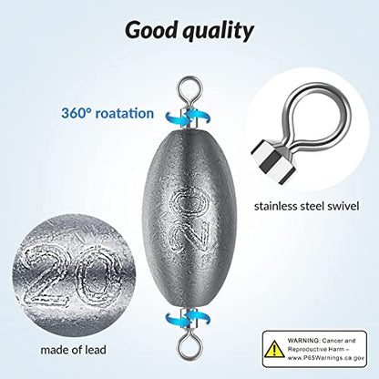 THKFISH Fishing Weights Inline Weights Trolling Sinkers Swivel Weights Quick Set Up Lead Fishing Sinker with Inner Swivel - size: 30pcs-Mixed Weight