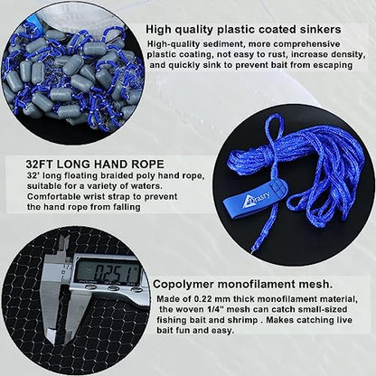 Drasry Saltwater Fishing Cast Net 3/8 and 1/4 Mesh with Heavy Duty Gray Sinker American Monofilament Fish Throw Net for Bait Trap 3FT 4FT 5FT 6FT 7FT 8FT 9FT Radius - size: 3FT Radius, style: 1/4 Mesh 0.88 Lb/Ft