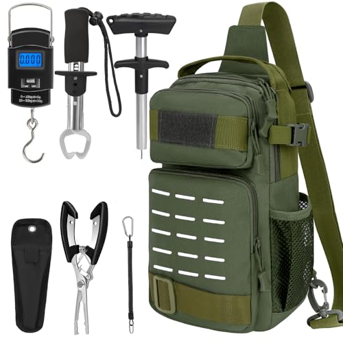 THKFISH 7Pcs Fishing Backpack with Fishing Pliers Kit, Tactical Fish Sling Tackle Bag Included Fishing Tackle kit, Digital Fishing Gear Weight Scale, Fish Hook Remover Tools - color: Army Green