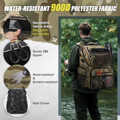 RAINSMORE 45L Fishing Backpack with Rod Holders & Rain Cover Large 900D Water-resistant Fishing Tackle Bag Store Fishing Gear - color: Khaki Camouflage