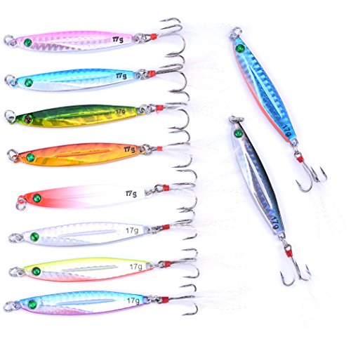Aorace 10pcs Hard Metal Jigs Diving Sea Fishing Lures Minnow Popper Baits Tackle Crankbait Saltwater Freshwater Lures with Feather - color: 10pcs 6.5cm/17g