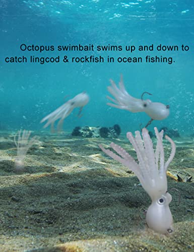 Octopus Swimbait Soft Fishing Lure with Skirt Tail - 3D Realistic Squid Bait Durable TPE Squid Jig Lingcod Rockfish Jigs for Saltwater Ocean Fishing, 5Pcs/Pack