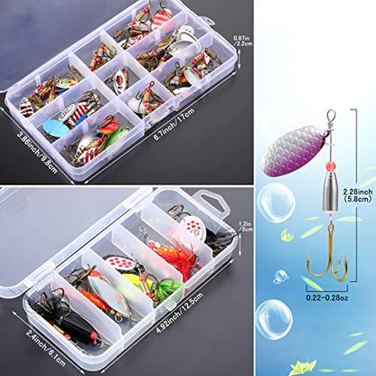 Skylety 40 Pcs Fishing Lure Hard Metal Colorful Spinner Baits with Tackle Box Trout Spoon Fishing Lures for Bass Pike Walleye Trout Salmon