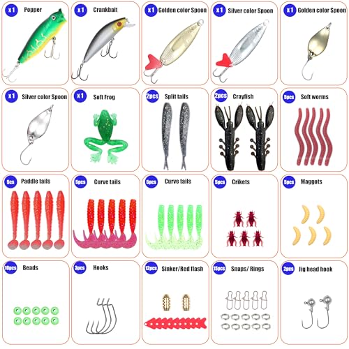 EXAURAFELIS Fishing Lures Tackle Kit, Mixed Hard & Soft Baits Metal Spoons Fishing Accessories for Bass Trout Pike Freshwater Saltwater Fishing - color: 84pcs