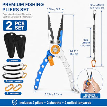 2 Pack Fishing Pliers Saltwater, Aluminum Fish Pliers with Black Sheath and Coiled Lanyard, Jaw Fishing Hook Remover, Split Ring Tool and Line Cutter for Boat, Kayak and Fly Fishing