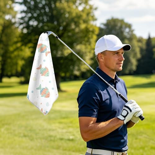 Fish 2 Pack Waffle Pattern Golf Towels, 17.7"x17.7" Square Golf Towel with Carabiner Clip and Magnetic Snap for Cleaning Golf Ball, Club