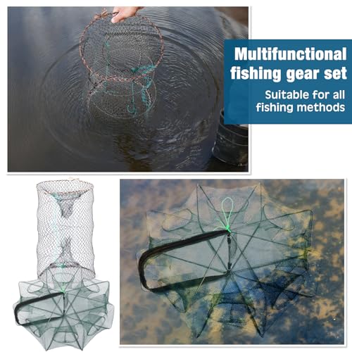 6 Pcs Fishing Net Trap Portable Folded, Crab Trap Minnow Trap, Fishing Landing Net with Telescoping Pole Handle, Casting Net Bait Trap with Heavy Duty Sinker and Storage Bucket