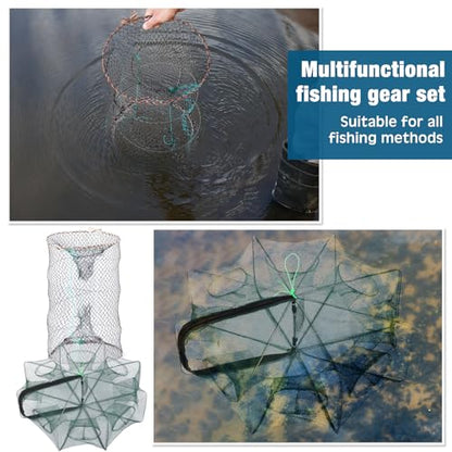 6 Pcs Fishing Net Trap Portable Folded, Crab Trap Minnow Trap, Fishing Landing Net with Telescoping Pole Handle, Casting Net Bait Trap with Heavy Duty Sinker and Storage Bucket