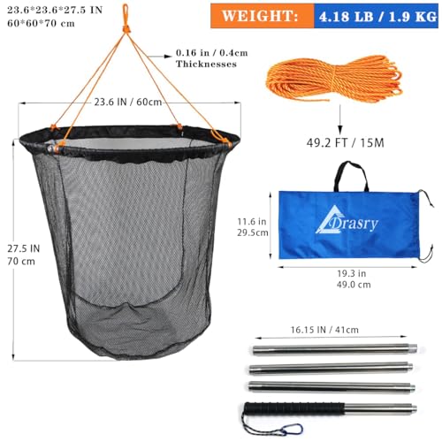 Drasry Large Collapsible Bridge Pier Fishing Net Landing Net with Rod, High Load Aluminum Ring Drop Net for Saltwater and Freshwater Pier Fishing Basket with 49.2 ft. Rope - color: Black, size: 23.6 x 23.6 x 27.5", style: Small Size Mesh