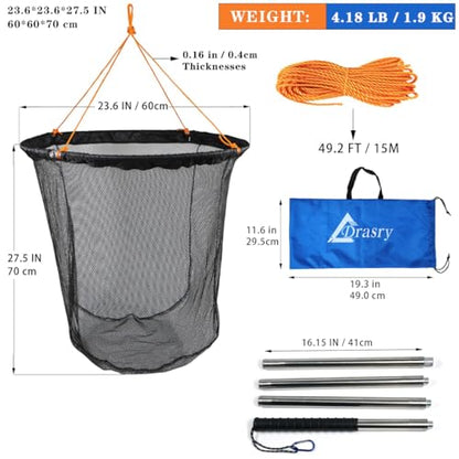 Drasry Large Collapsible Bridge Pier Fishing Net Landing Net with Rod, High Load Aluminum Ring Drop Net for Saltwater and Freshwater Pier Fishing Basket with 49.2 ft. Rope - color: Black, size: 23.6 x 23.6 x 27.5", style: Small Size Mesh