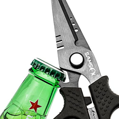 SAMSFX Fishing 6.5" Pro Fishing Scissos, Dual Serrated Blades, Braided Line Shears with Titanium Coating, Non-Slip Grip & Multifunction Tool, Come with Hard Molded Locking Sheath & Coiled Lanyad - color: A: Black Kraton Handle, Hard Sheath