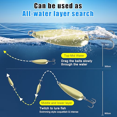 Fishing Spoons Metal Fishing Lures Kit, 5pcs Gold Metal Jigging Trout Lures Casting Trolling Spoon with with Treble Hooks for Trout Bass Pike Walleye Crappie Bass Salmon - size: 1/8oz