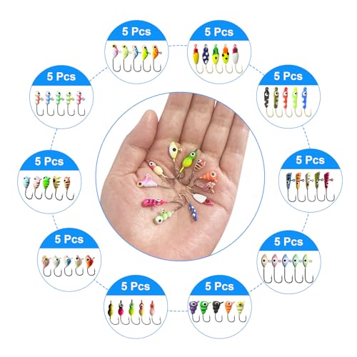 50PCS Ice Fishing Lures Kit, Ice Fishing Jigs for Walleye Perch, Jigs Heads for Ice Fishing Tackle, Panfish Crappie Perch Sunfish Pike bluegills Jigs
