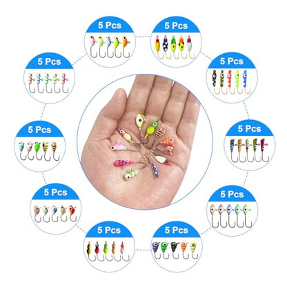50PCS Ice Fishing Lures Kit, Ice Fishing Jigs for Walleye Perch, Jigs Heads for Ice Fishing Tackle, Panfish Crappie Perch Sunfish Pike bluegills Jigs