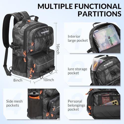 THKFISH Fishing Backpack with Tackle Boxes, 20L Waterproof Tackle Sling Bag with Lures Kit, Fish Lip Gripper, Pliers, Scissors, Fishing Gifts for Men Women - color: Black Camo Fishing Backpack with Tackle Boxes