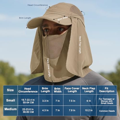 Surblue Neck Face Flap Outdoor Cap UV Protection Sun Hats Fishing Hat Quick-Drying UPF50+ - color: Khaki, size: Small