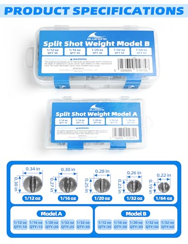 BLUEWING 100pcs/200pcs Split Shot Weight Fishing Sinker Removable Lead Pinch Weight Kit for Freshwater & Saltwater (1/64oz 1/32oz 1/20oz 1/16oz 1/12oz Mixed) - style: Model B(200pcs)